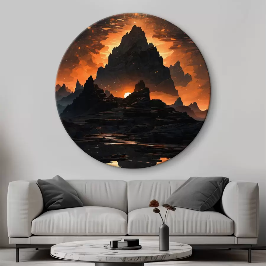  Schilderijen Bergketen met daarachter de ondergaande zon r38120