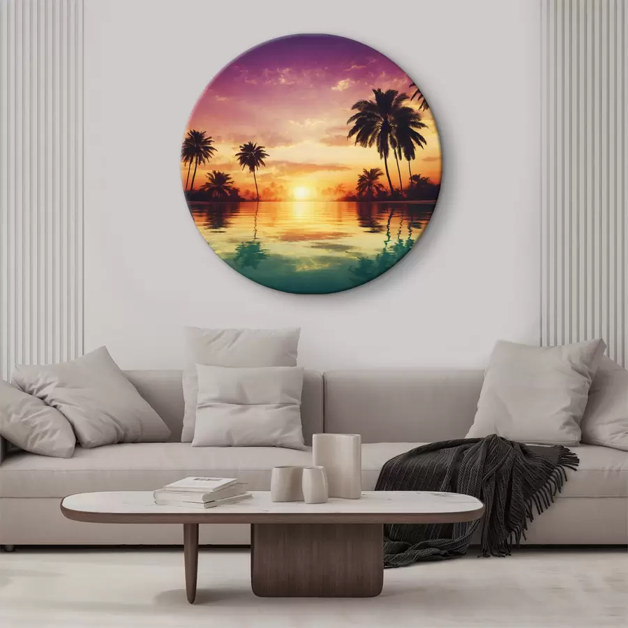  Schilderijen Zonsondergang over een stuwmeer met palmbomen r38183