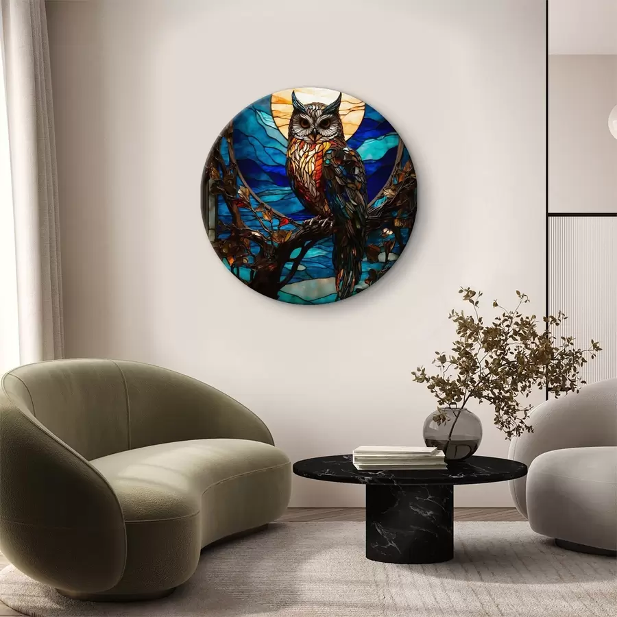  Schilderijen Gebrandschilderde glazen uil op een boomtak r38185