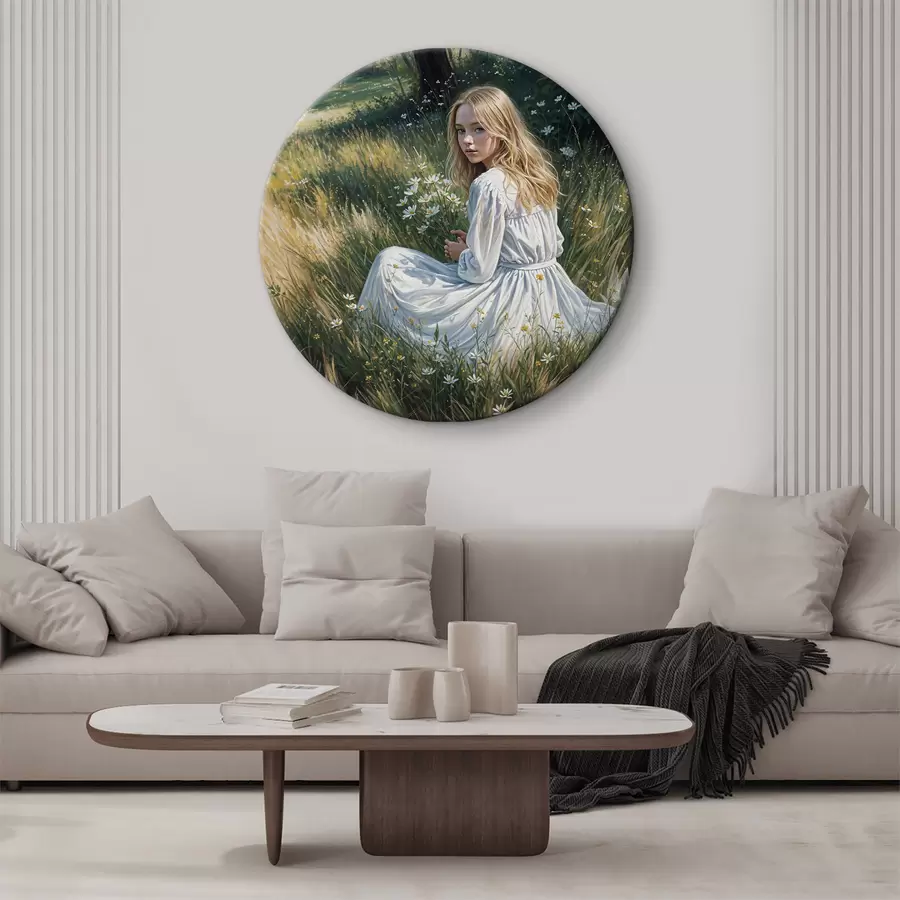  Schilderijen Een meisje in een witte jurk zittend in een bloemenveld r38196