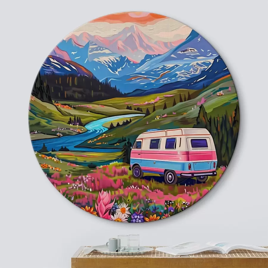  Peintures Une camionnette traversant une vallée avec des fleurs et des montagnes r38259