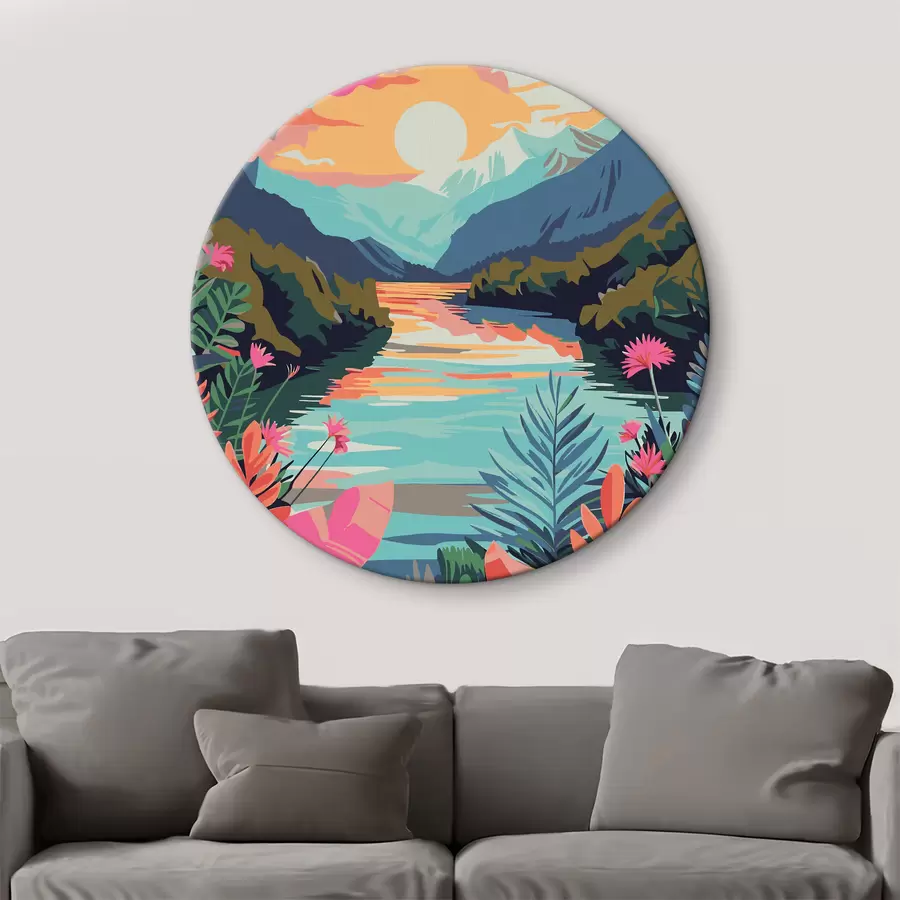  Schilderijen Rivier met bloemen en bergen op de achtergrond r38266