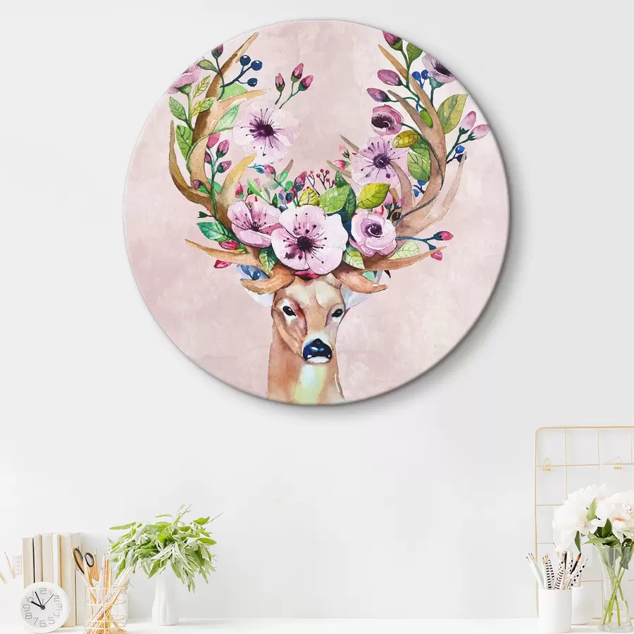  Schilderijen Een aquarelschilderij van een hert met bloemen op zijn gewei r38331