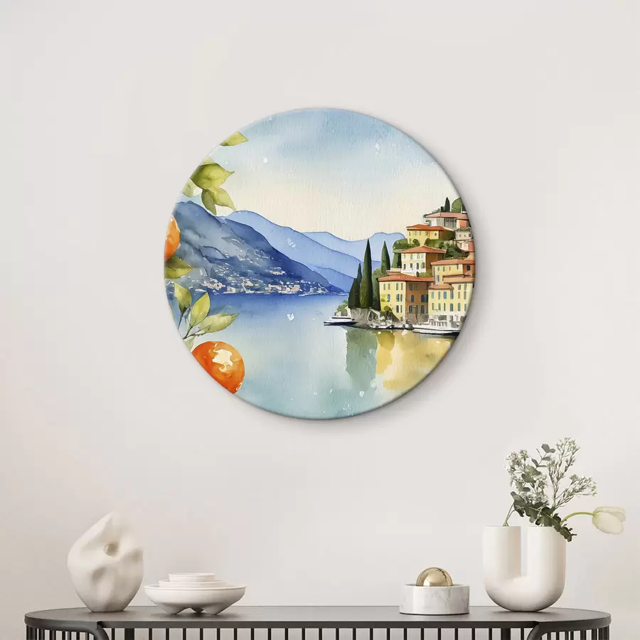  Schilderijen Een aquarel van een stad aan de rand van een stuwmeer r38402