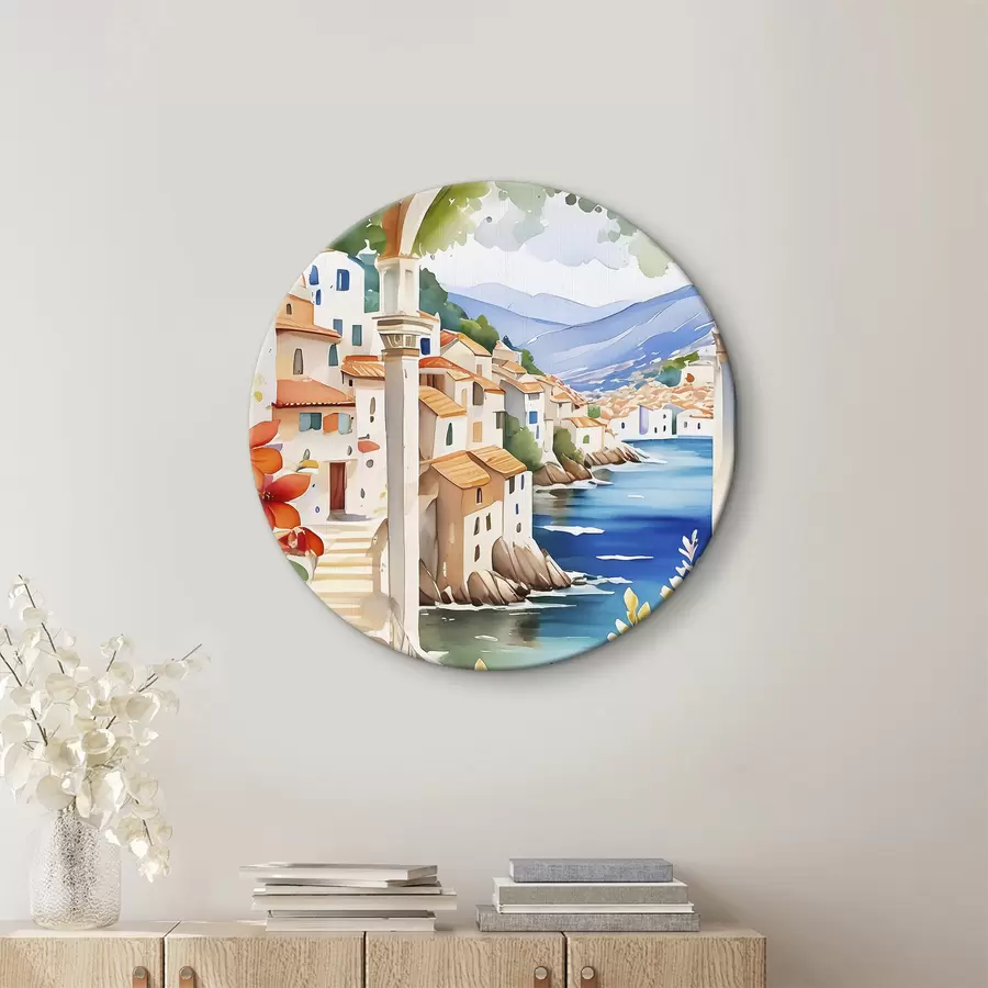  Schilderijen Afbeelding van een stad met een rivier en bloemen r38406