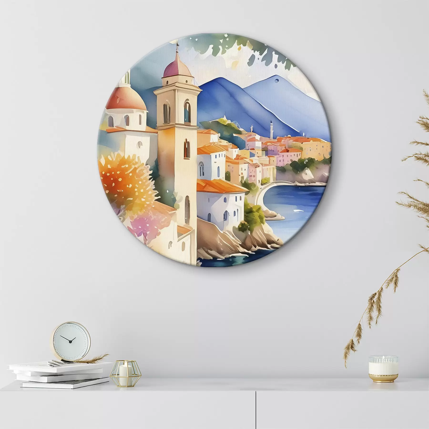  Schilderijen Een aquarel van een stad aan de rand van een stuwmeer r38407