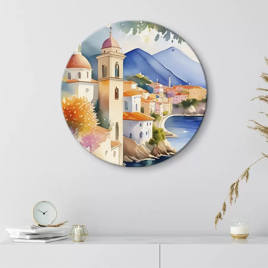  Schilderijen Een aquarel van een stad aan de rand van een stuwmeer r38407