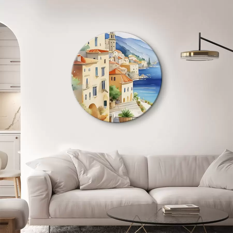  Schilderijen Een aquarel van een stad op een heuvel boven de zee r38409