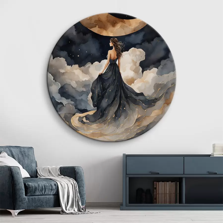  Schilderijen Vrouw in een blauwe jurk en de maan aan de hemel r38428