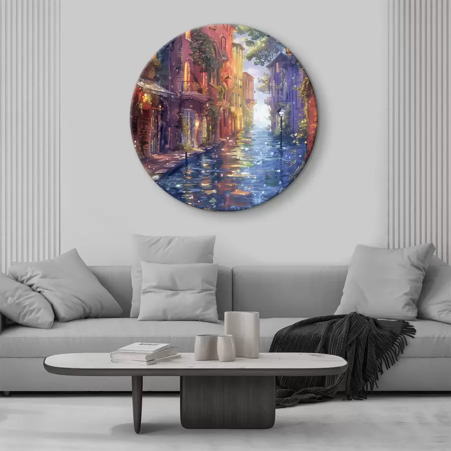  Schilderijen Waterweg met gebouwen en bomen r38450