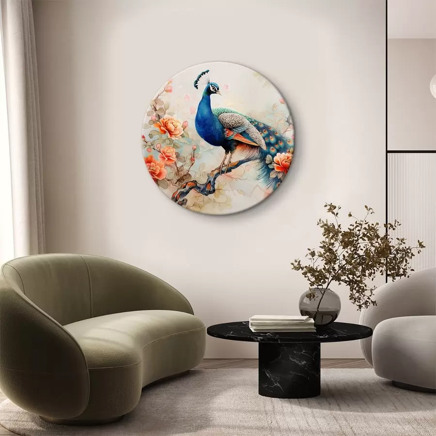  Schilderijen Een schilderij van een pauw op een tak met bloemen r38452