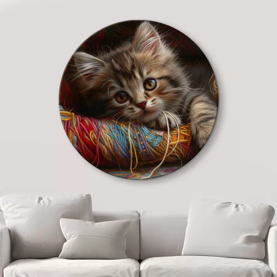  Schilderijen Een kat liggend op een bolletje wol r38465