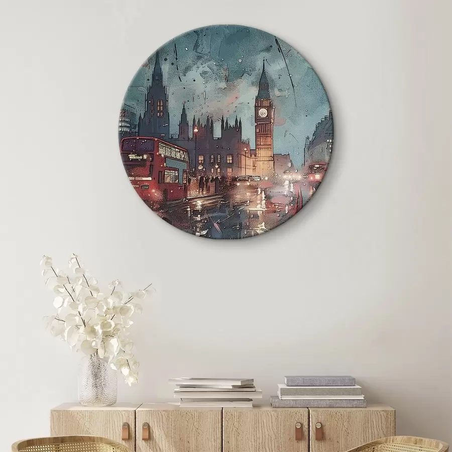  Schilderijen Stadsstraat met klokkentoren r38472