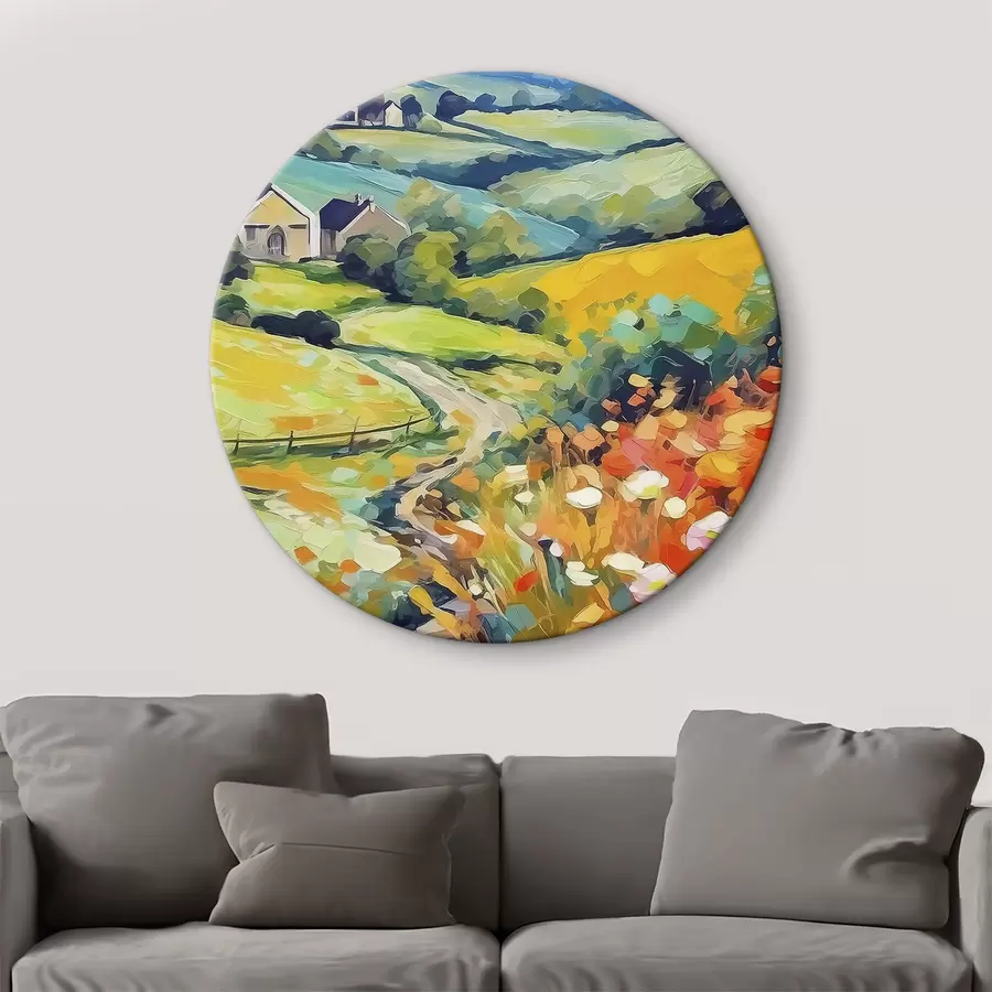  Schilderijen Een schilderij van een landschap met huizen en velden r38501