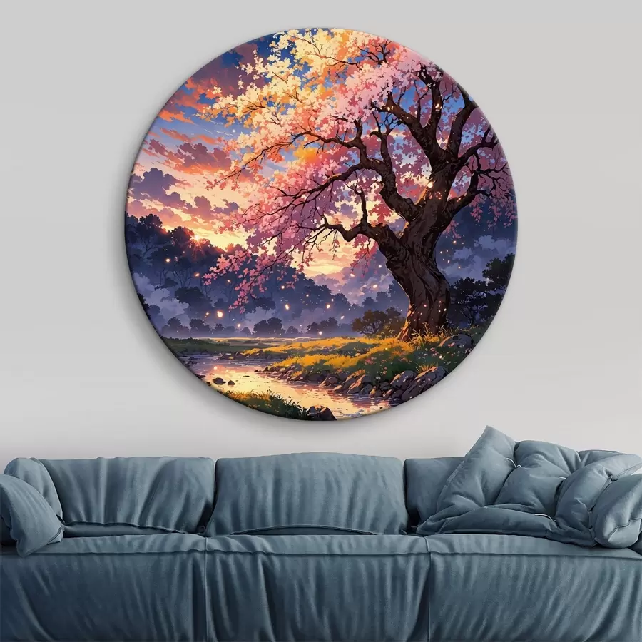  Schilderijen Een boom met roze bloemen doorkruist door een rivier r38645