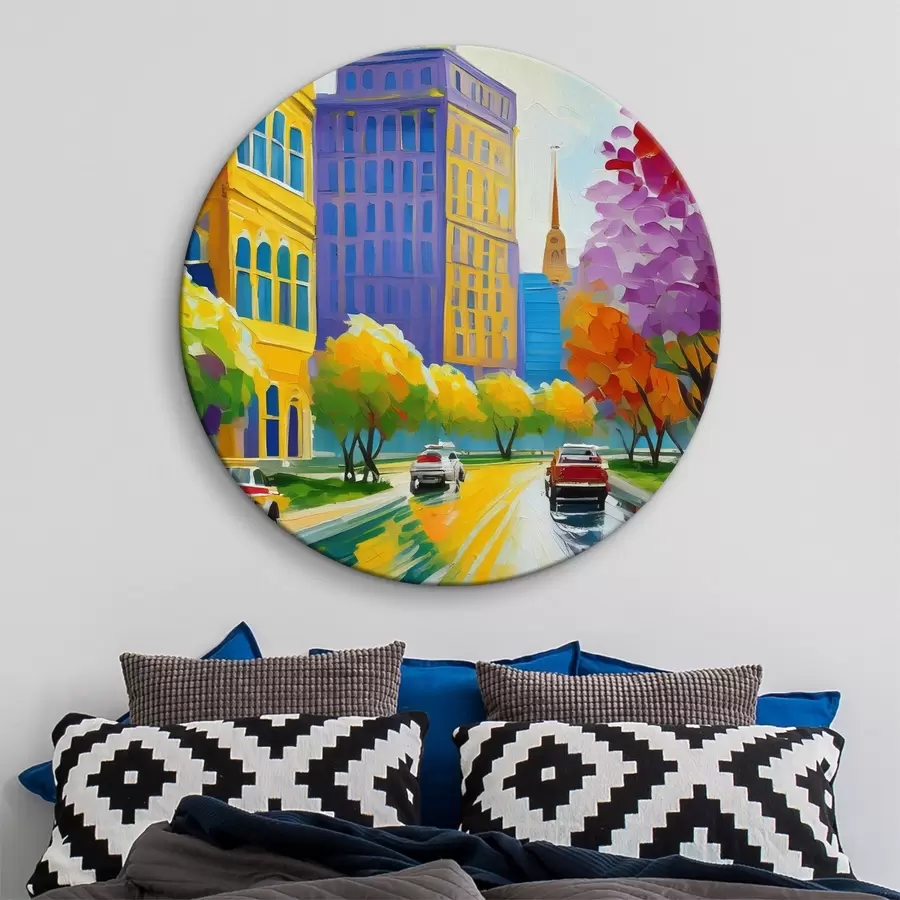  Schilderijen Afbeelding van een stadsstraat met auto's en bomen r38657