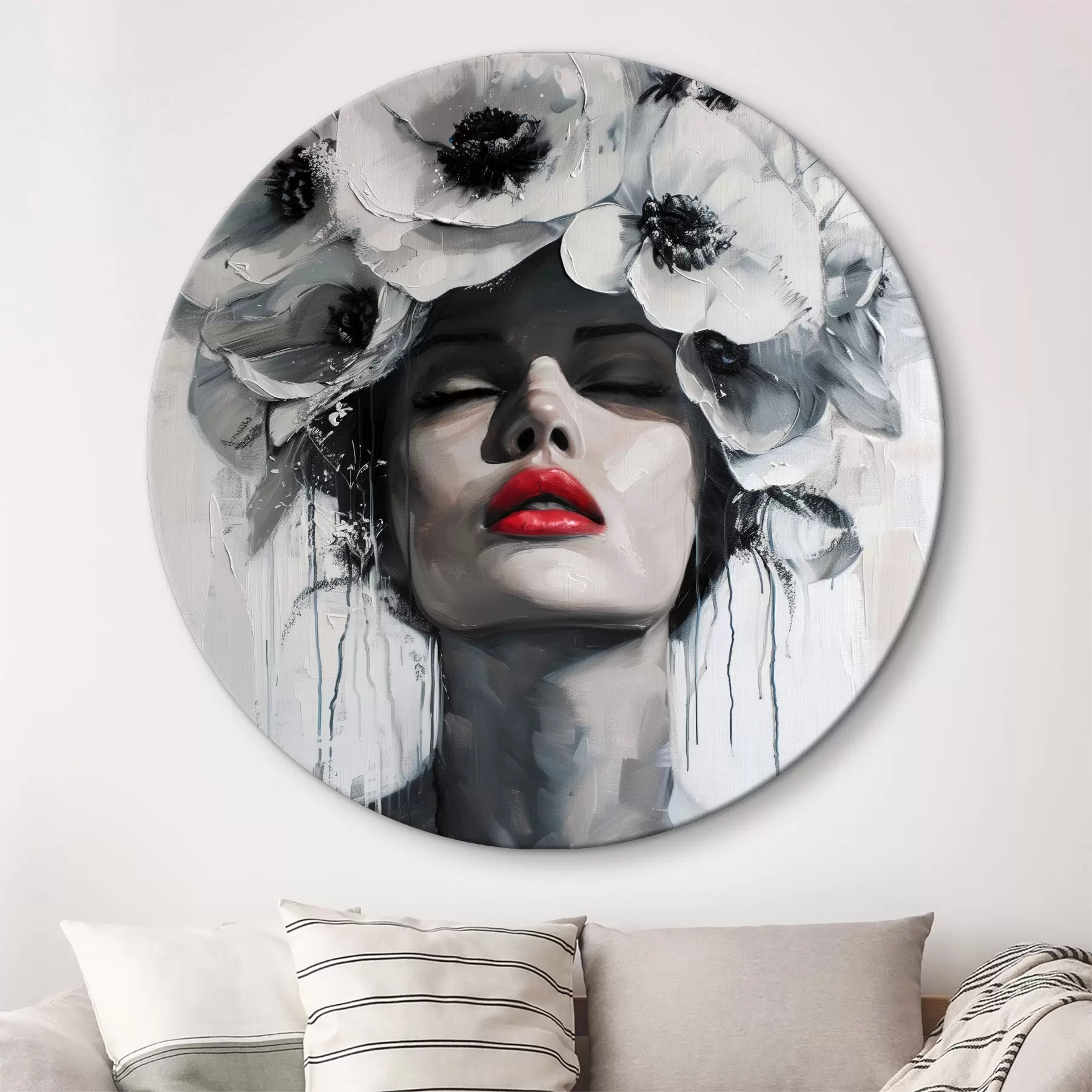  Schilderijen Portret van een vrouw met bloemen in haar haar en rode lippen r39253