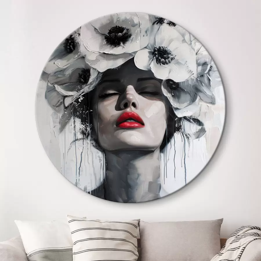  Schilderijen Portret van een vrouw met bloemen in haar haar en rode lippen r39253