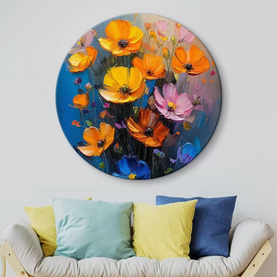  Schilderijen Geschilderde symfonie: lichtgele, oranje, roze en blauwe penseelstreken van klaprozen. r39454