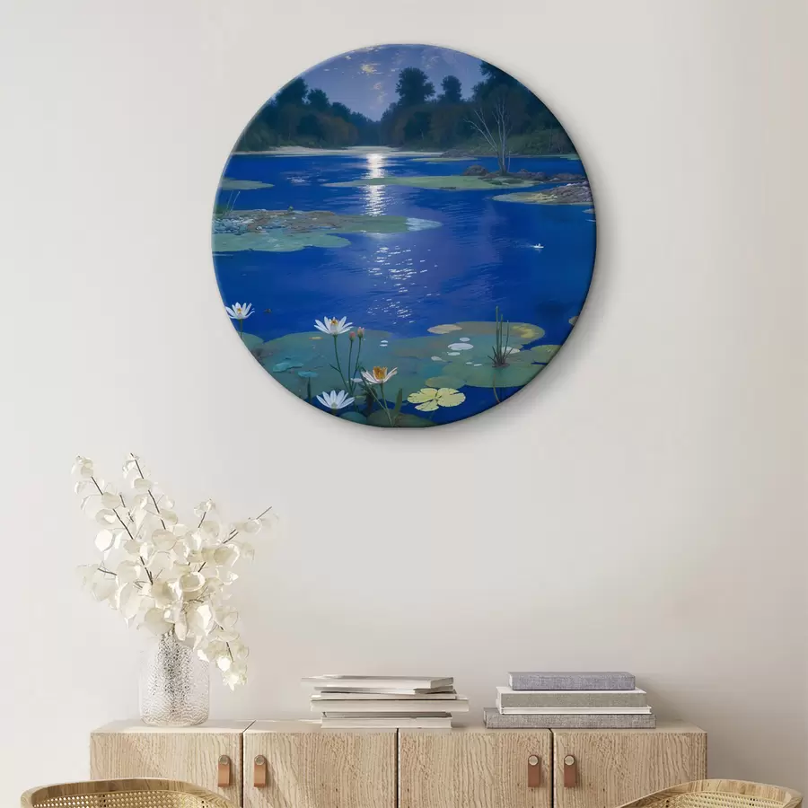  Peintures Lac de nuit avec la pleine lune se reflétant dans l'eau, avec des arbres verts et des nénuphars r39526