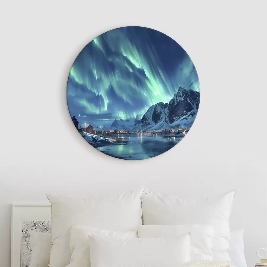  Schilderijen Noorwegen winterdorp, noorderlicht, nachtelijke hemel r40300