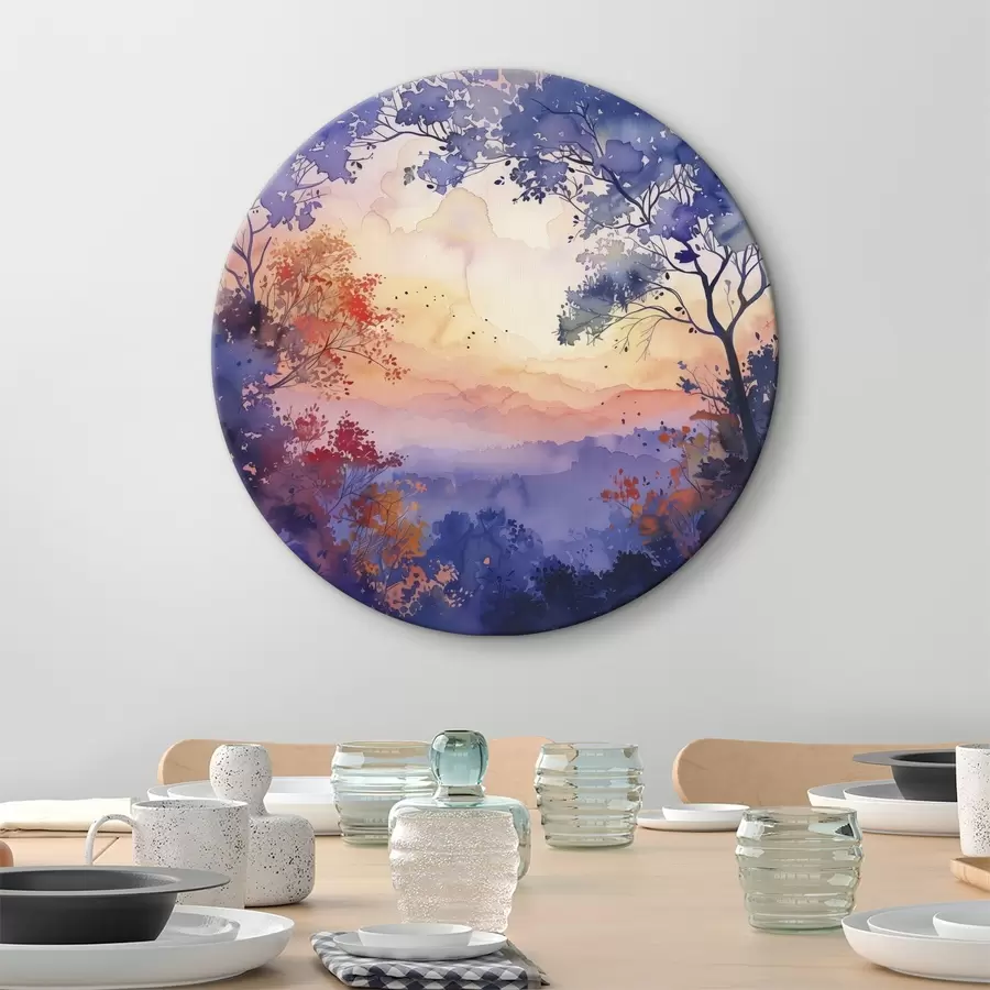  Schilderijen Aquarel bos, zonsondergang, boomtakken, paars en oranje r40304