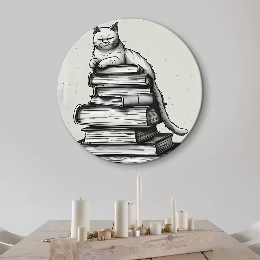  Schilderijen Zwart-witte kat op een stapel boeken r40435