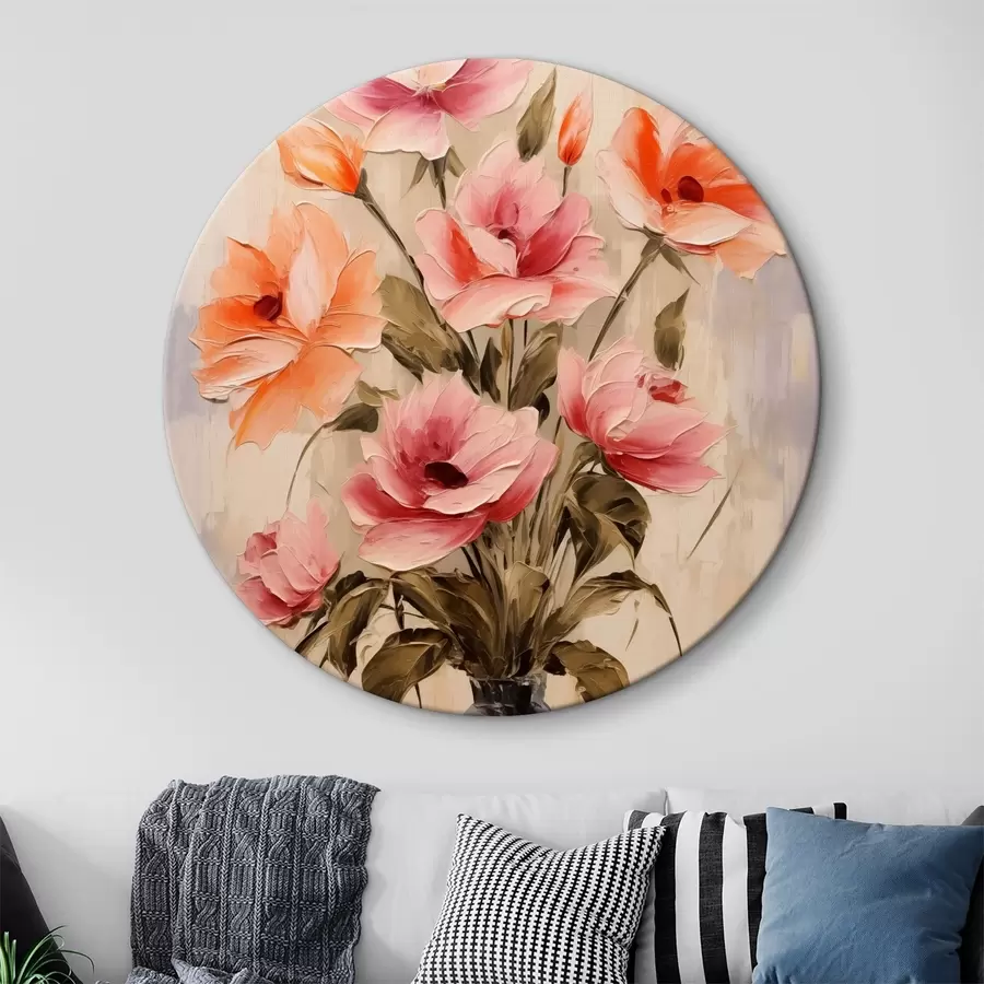  Peintures Un bouquet de coquelicots dans un vase, rouge, rose, orange, gris et beige r40499