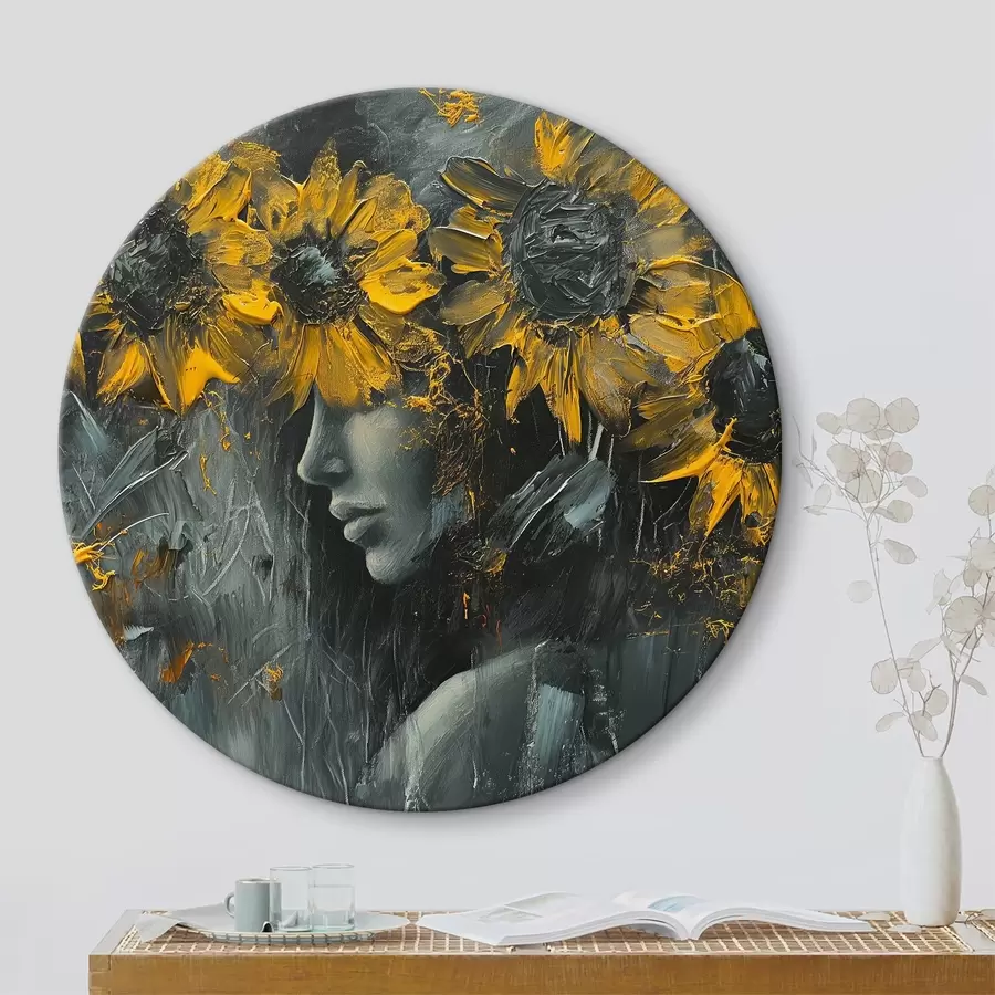  Schilderijen Abstracte zonnebloemen die het gezicht van het meisje bedekken r40501