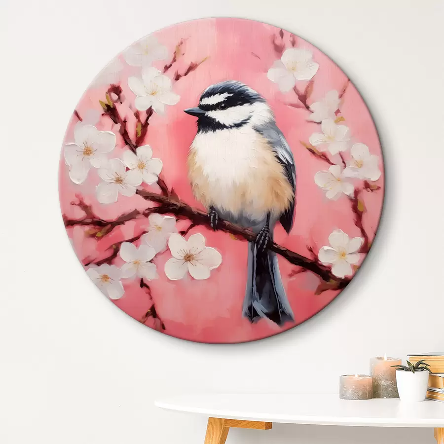  Schilderijen De vogel zit op een tak met witte bloemen op een roze achtergrond r40517