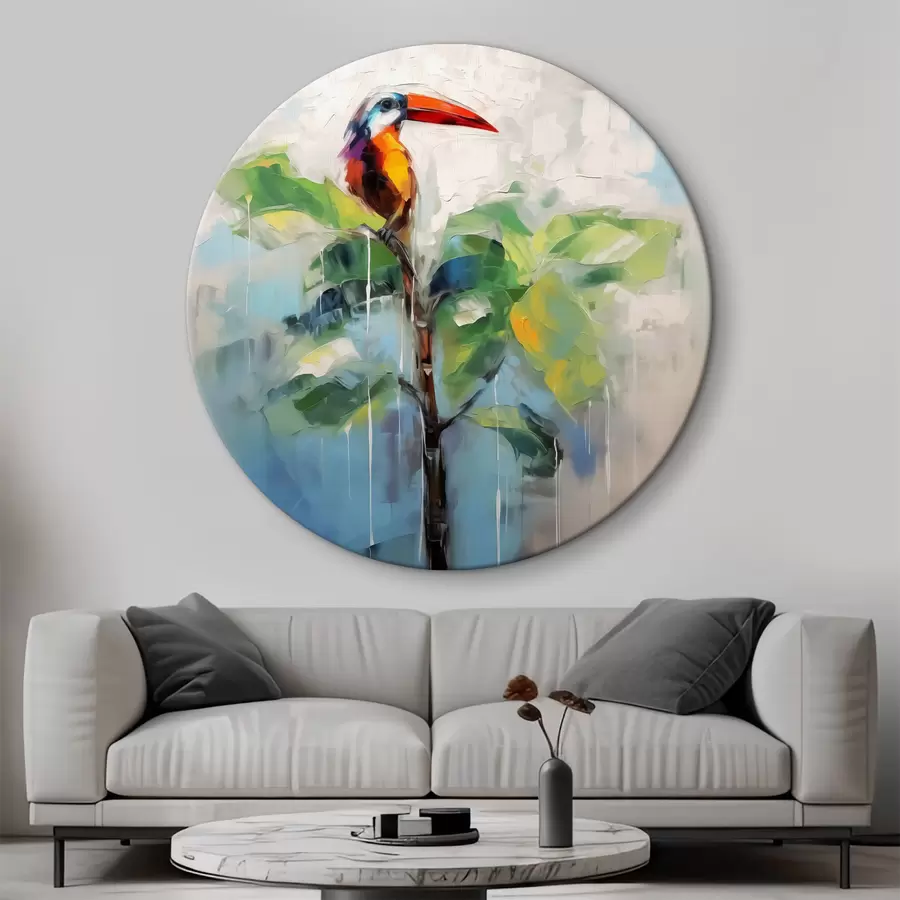  Schilderijen Abstracte toekan zittend op bananenpalm, groen, blauw, grijs, geel, rode kleur r40518