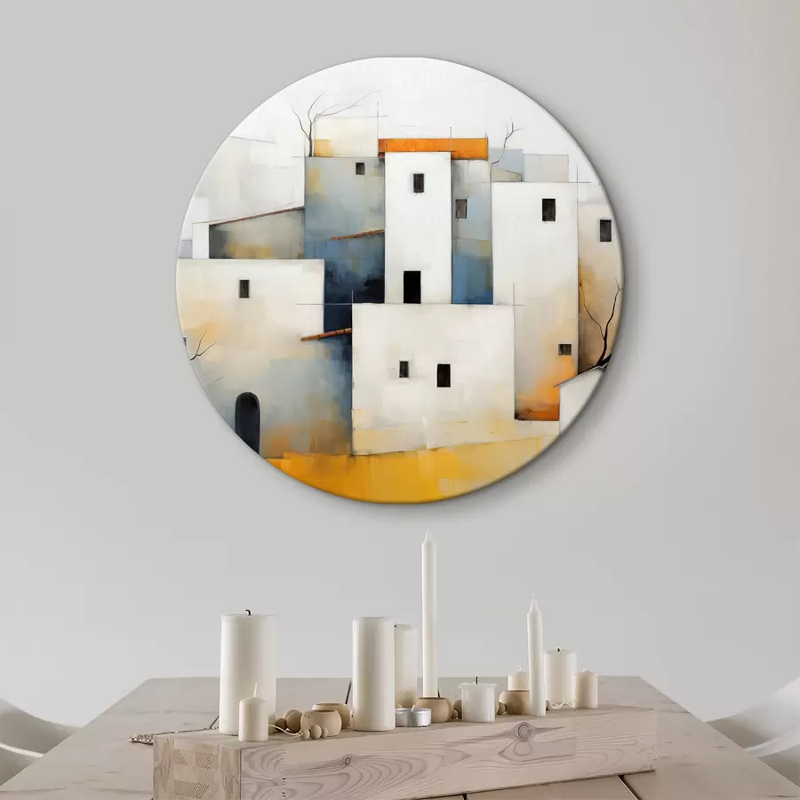  Schilderijen Witte gestileerde abstracte huizen, rode, oranje, gele, blauwe kleuren r40531