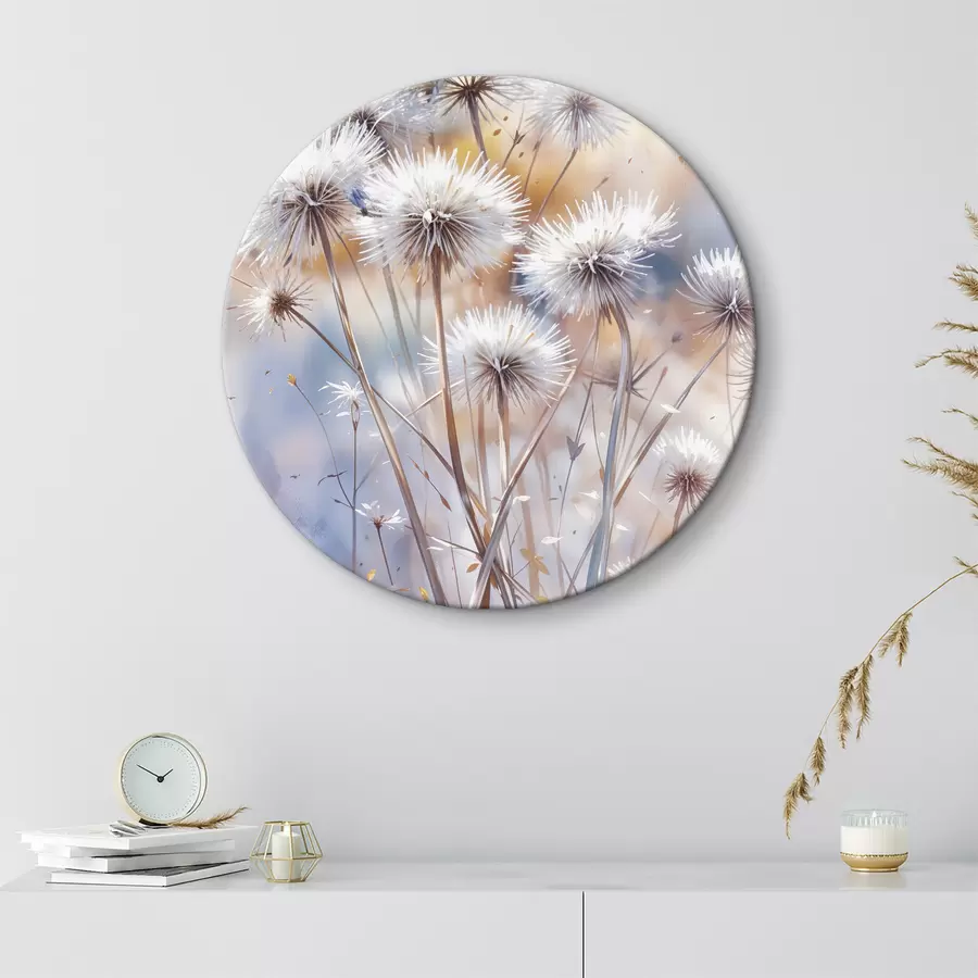  Schilderijen Pluizige witte paardenbloem bloemen op een wazige aquarel achtergrond met warme verlichting r40541