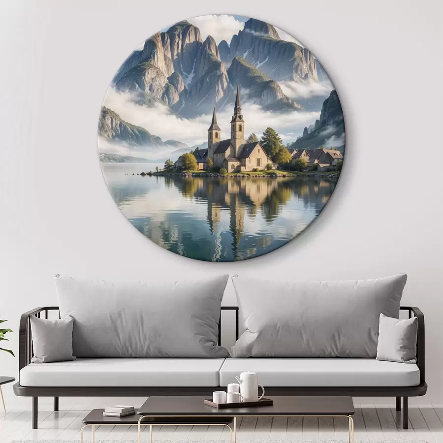  Schilderijen Een pittoresk bergdorp gelegen aan een rustig meer met besneeuwde bergen die erboven uittorenen r40554