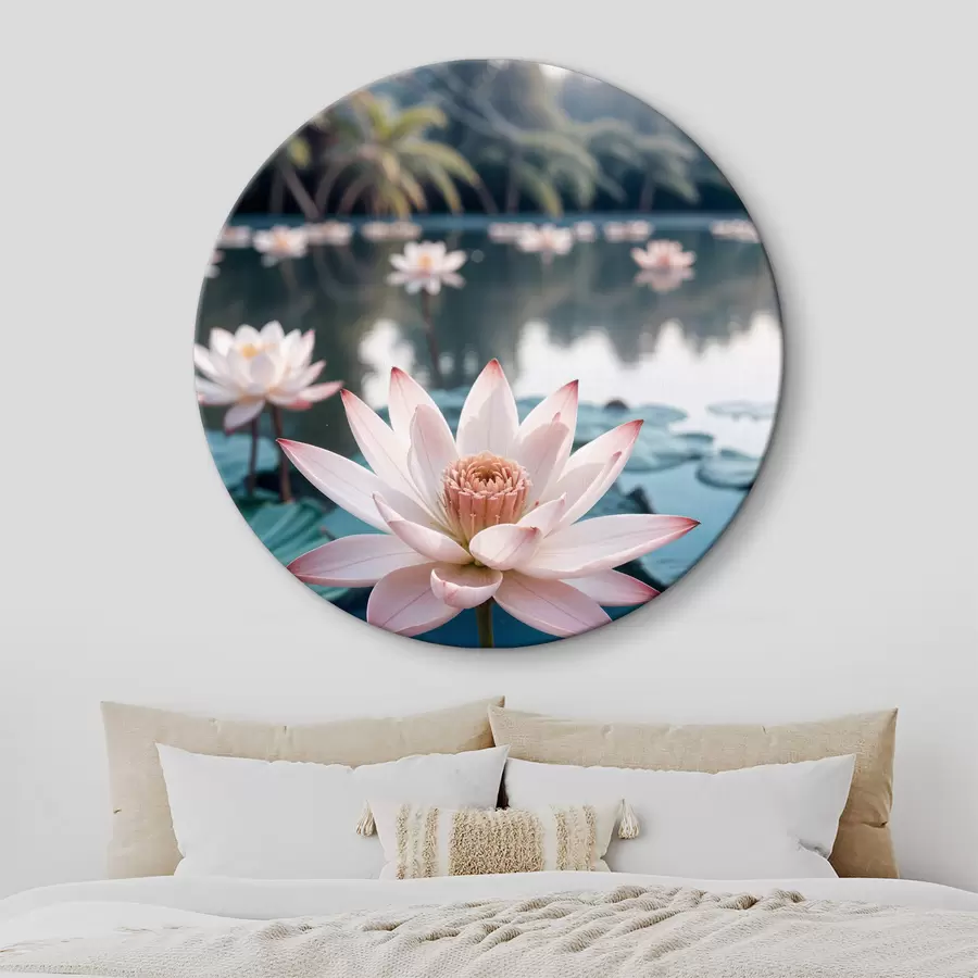  Peintures Un étang avec des fleurs de lotus roses flottant à la surface, entouré de verdure luxuriante et de palmiers r40555