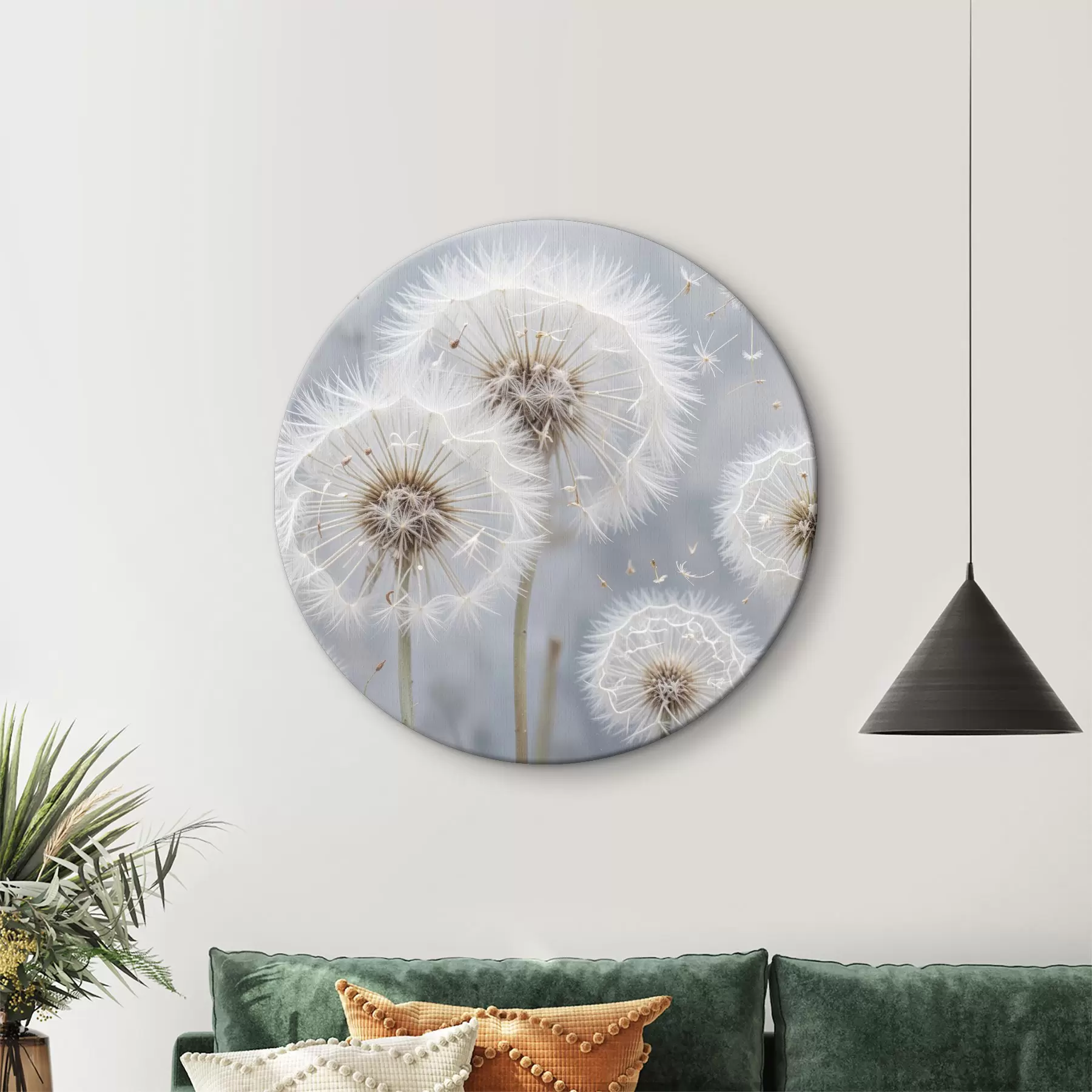  Peintures Fleurs de pissenlit blanches avec graines duveteuses sur fond gris flou r40556