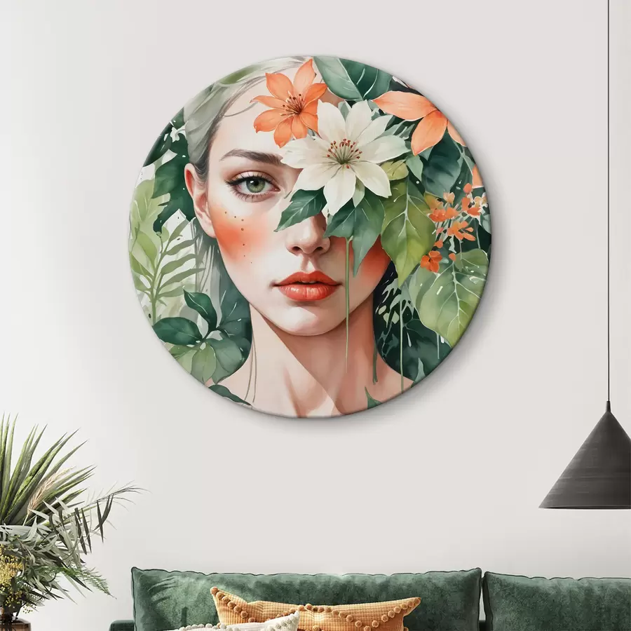  Schilderijen Blondharige vrouw omringd door levendige oranje en witte tropische bloemen, groene bladeren en vegetatie r40557