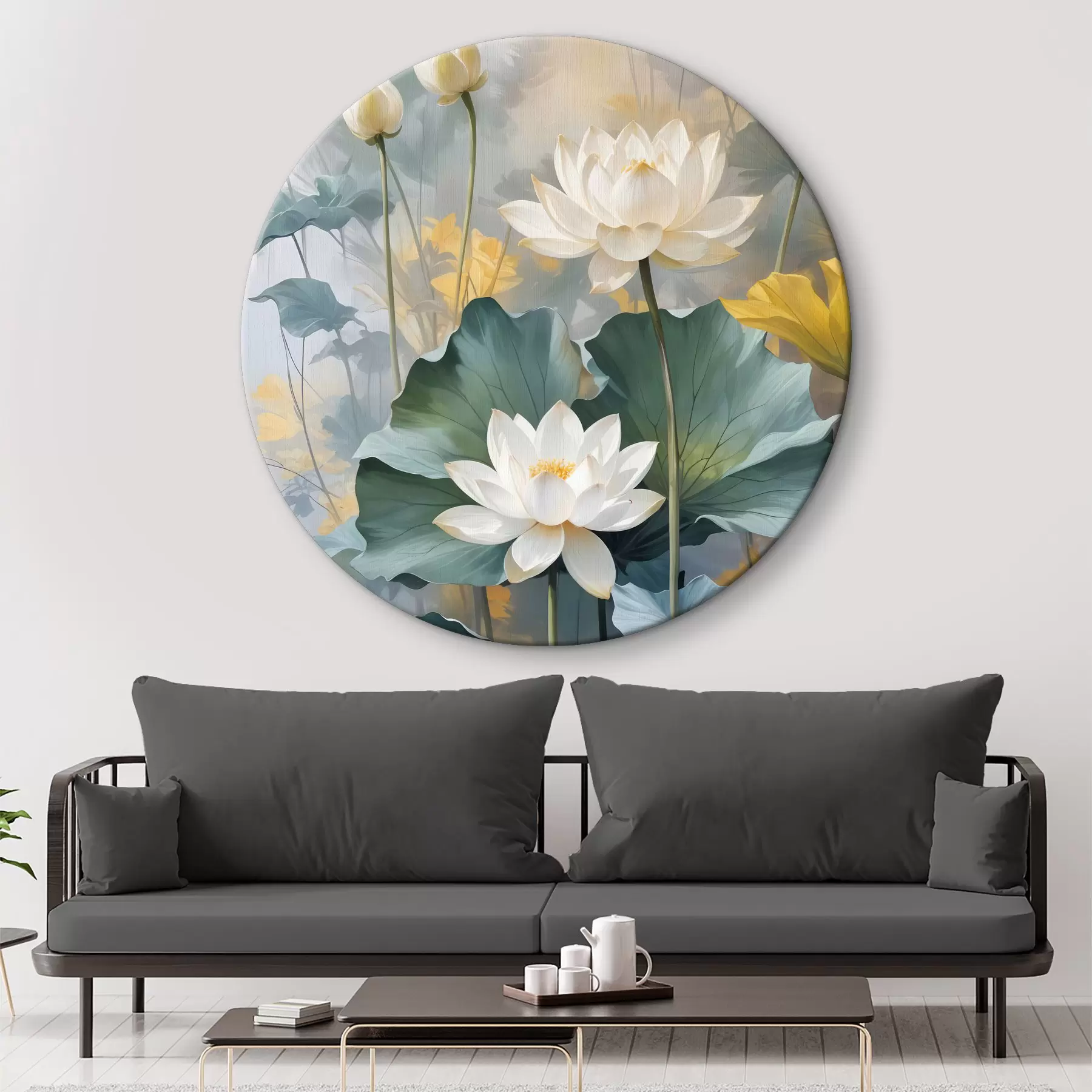  Schilderijen Witte lotusbloemen in een vijver met groene waterlelieblaadjes, omringd door gele bloemen en wazige achtergrond r40559