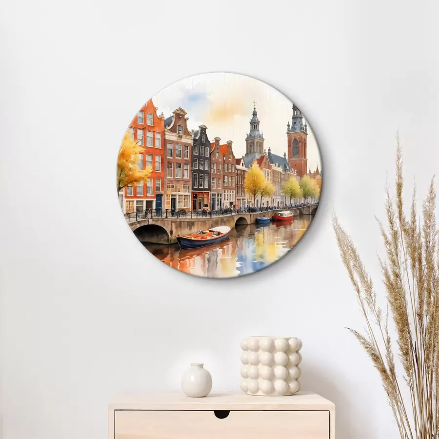  Schilderijen Kleurrijk aquarel stadsgezicht van Amsterdam met traditionele Nederlandse grachtenpanden en boten op het water r40561