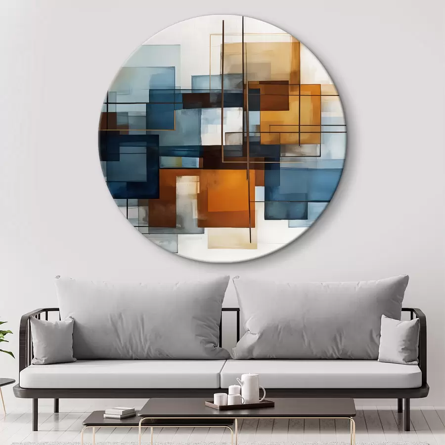  Schilderijen Abstracte geometrische vormen in blauwe, oranje en bruine tinten creëren een moderne, minimalistische compositie. r40563