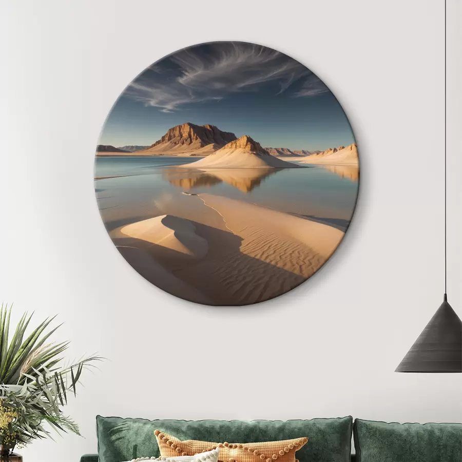  Schilderijen Een uitgestrekt woestijnlandschap met hoge rotsformaties die weerspiegeld worden in het ondiepe water r40568