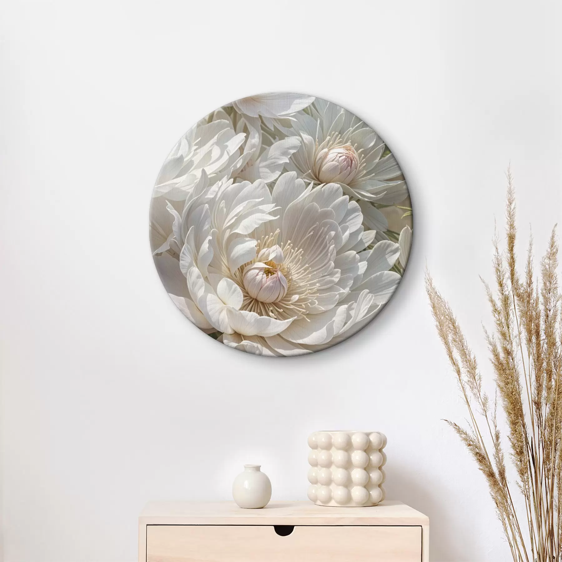  Schilderijen Een close-up van verschillende grote, witte pioenbloemen met zachte, delicate bloemblaadjes en een helder geel hart r40575