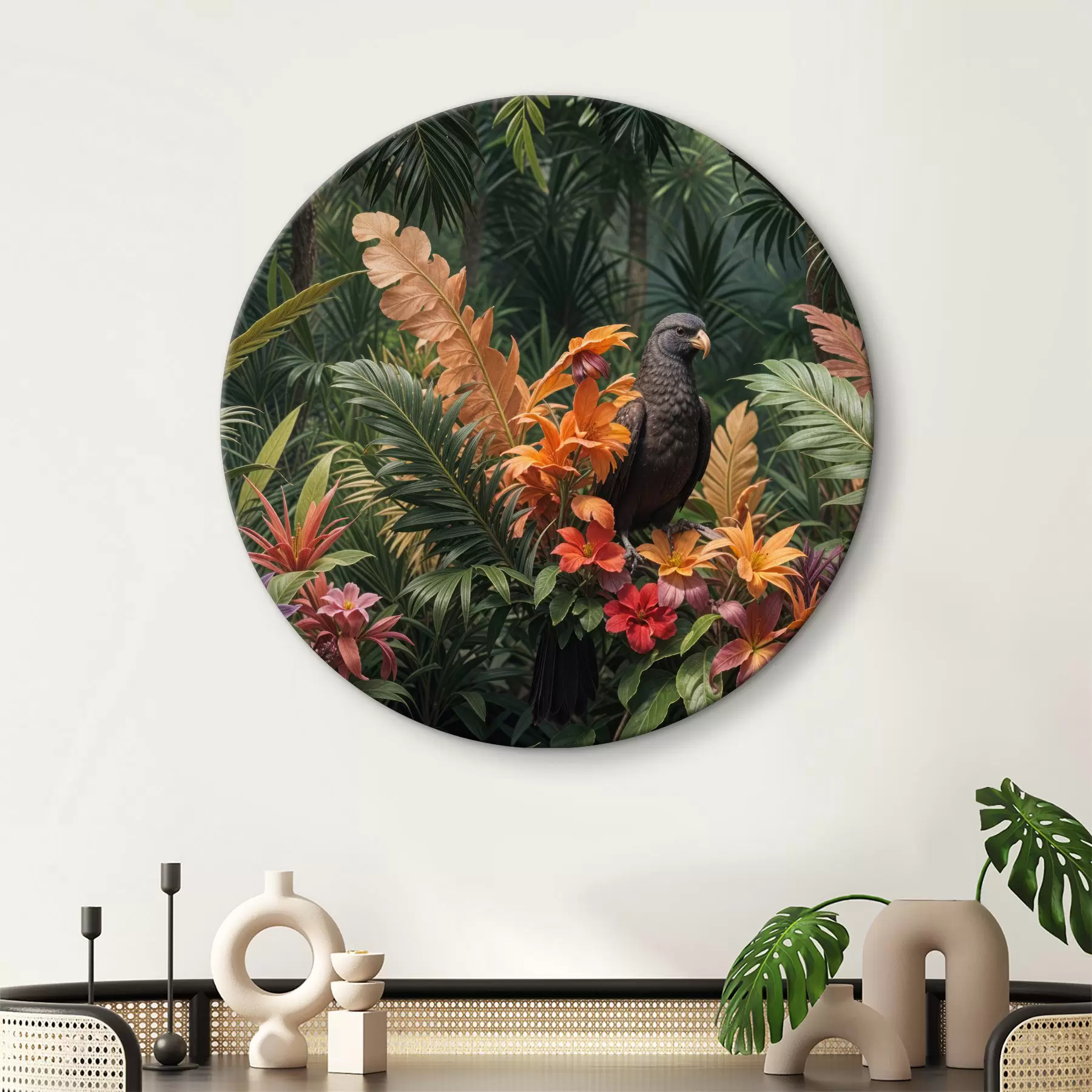 Fotobehang Tropische vogel zittend op een tak omringd door weelderige vegetatie, palmbladeren, bloemen en exotische planten r40578