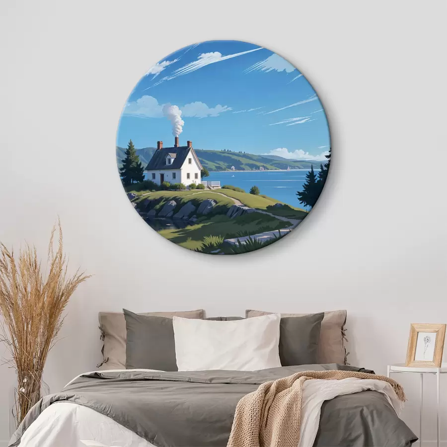  Schilderijen Een wit huis op een met gras begroeide heuvel met bergen op de achtergrond en een blauwe lucht met gezwollen wolken r40587