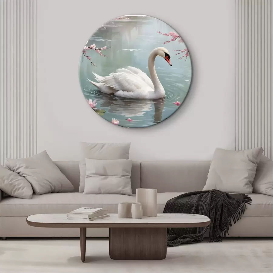  Schilderijen Sierlijke witte zwaan zwemmend in een kalme vijver omringd door bloeiende roze kersenbomen r40597
