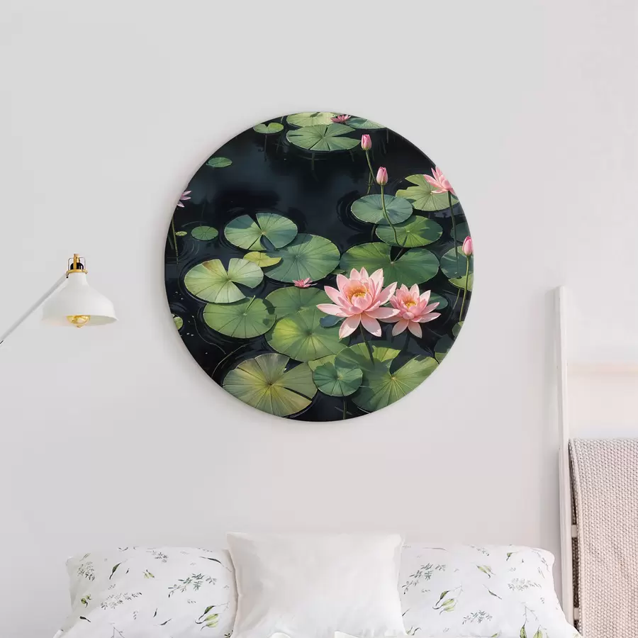  Peintures Un étang avec des nénuphars roses et des pétales de nénuphars verts flottant à la surface, entouré d'un arrière-plan sombre r40598