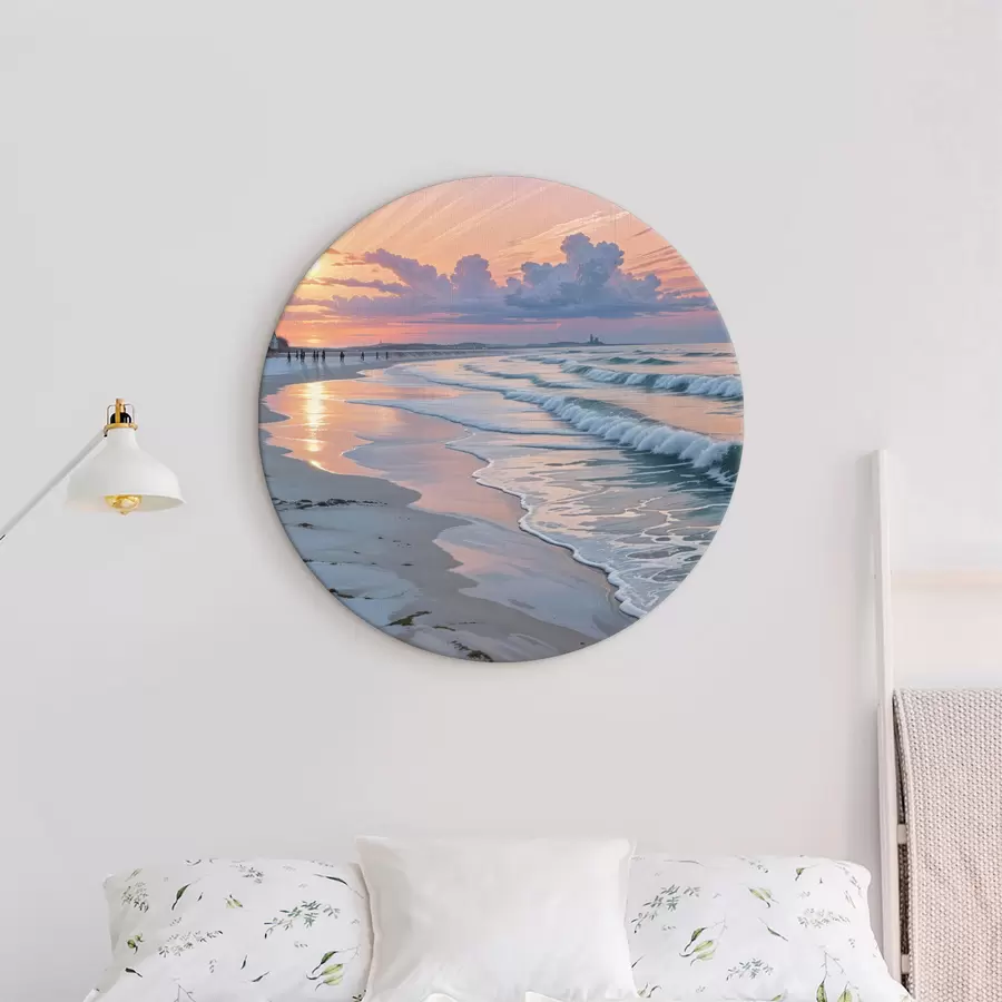  Schilderijen Rustige scène op het strand bij zonsondergang, met kabbelende golven op de zandkust r40606