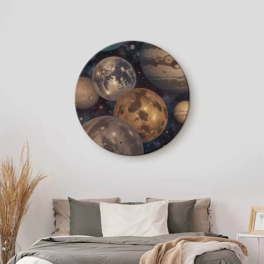  Schilderijen Abstracte ruimteprint met kleurrijke planeten en manen die in de sterrenhemel zweven r40607