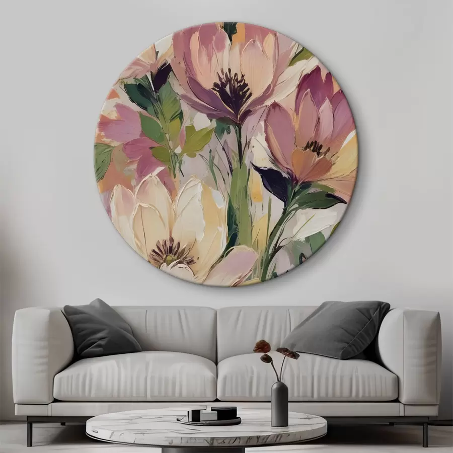  Peintures Une composition florale vibrante avec de grandes fleurs colorées dans les tons de rose, pêche et jaune r40609