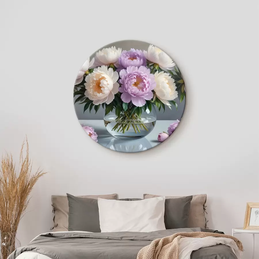  Schilderijen Een boeket van grote, weelderige witte en roze pioenrozen in een glazen vaas op een grijze achtergrond r40610